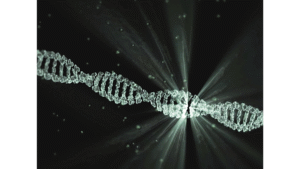 Crystal-like DNA double helix glowing against a dark background