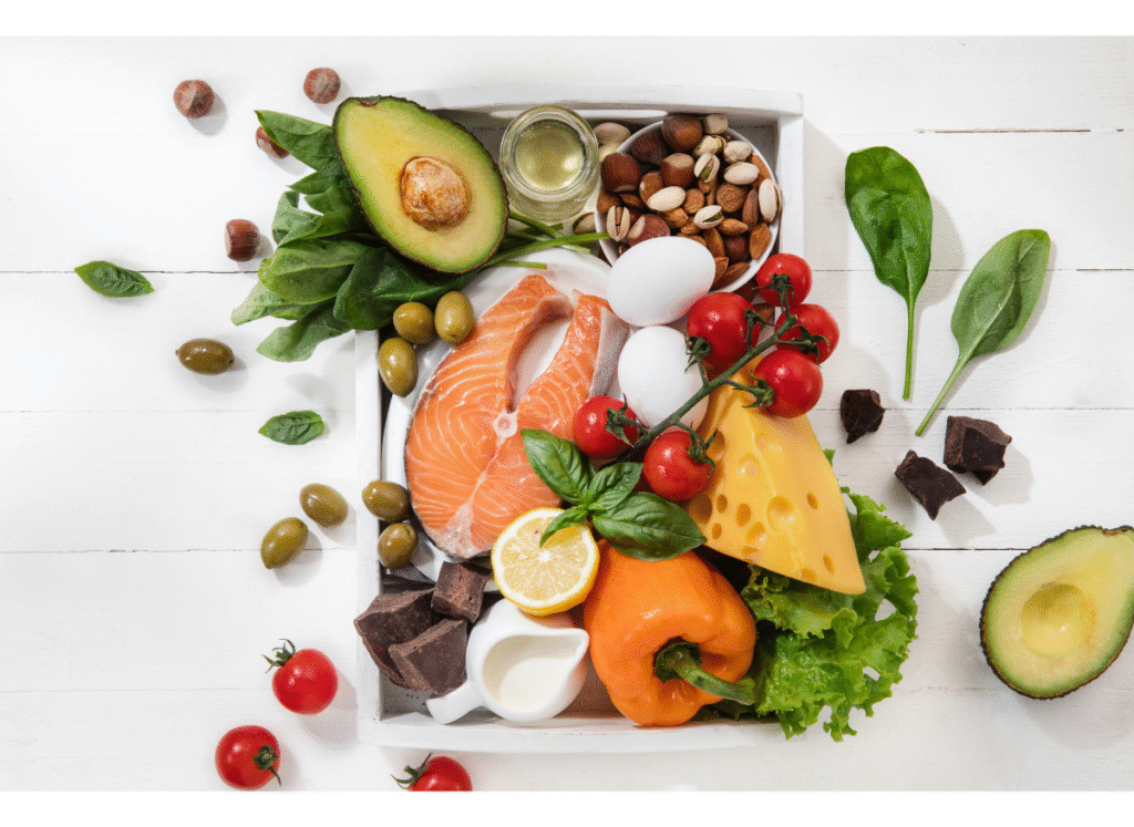 Balanced healthy organic ingredients. Nutrition for the heart and blood vessels. Meat, fish and vegetables.