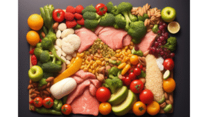 A colorful arrangement of fresh foods including lean meats, broccoli, tomatoes, nuts, citrus fruits, apples, grapes, legumes, grains, and cheese, displayed neatly on a flat surface.