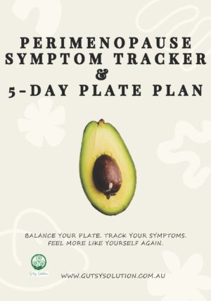 Perimenopause Symptom Tracker & 5-Day Plate Plan cover design featuring a halved avocado on a light patterned background with the Gutsy Solution logo.