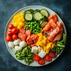 Healthy balanced plate with salmon, fresh vegetables, mozzarella, feta, and mango arranged in a colourful, nutrient-rich meal.