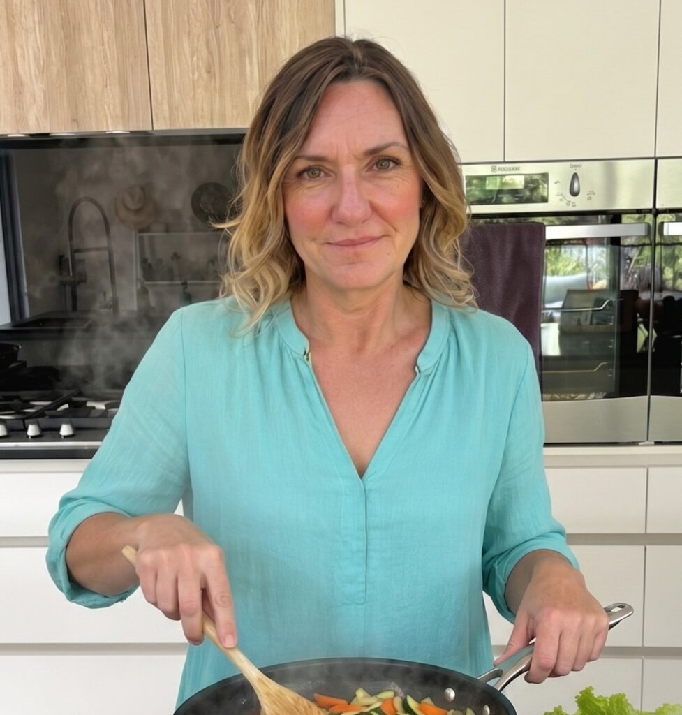 Woman cooking simple healthy meal at home, representing practical and personalised nutrition in everyday life