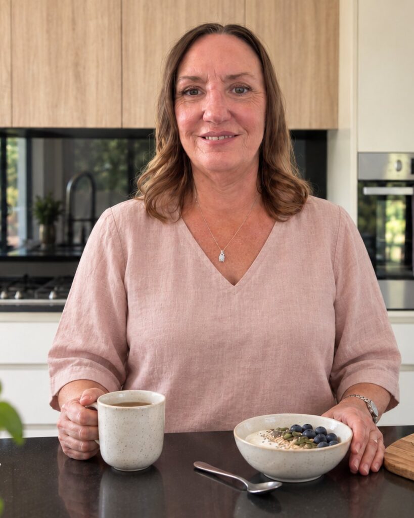 Sally Bloomfield, nutritionist for women in perimenopause and menopause, in her Sunshine Coast kitchen
